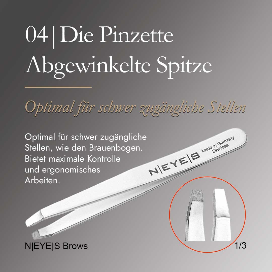 NEYES Profi-Augenbrauenpinzette mit abgewinkeltem Kopf zur präzisen und komfortablen Haarentfernung beim professionellen Brow-Styling.