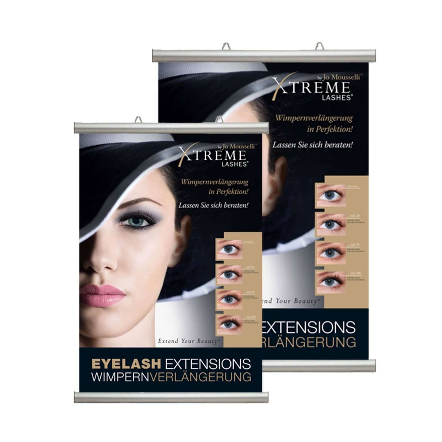Aluminium Klemmschienen für Banner & Poster 85 ohne Banner.Hier dargestellt mit einem Bild Frau mit Hut von Xtreme Lashes