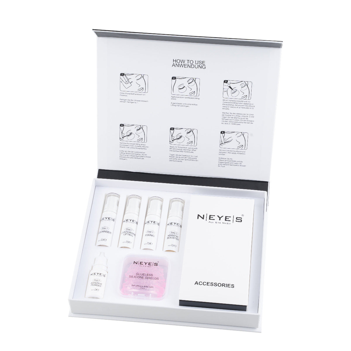Korean Lash Lift & Brow Lift Starterbox mit Anleitung und allen Produkten die Du benötigst für die Anwendung im Studio.Neyes