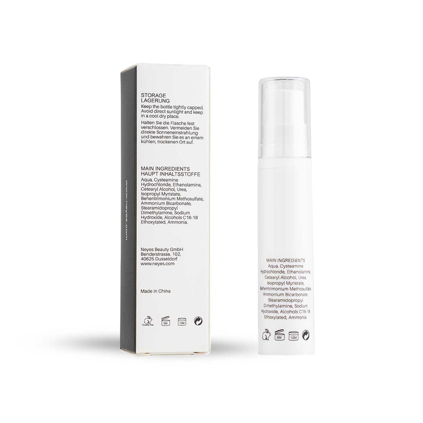 Nahaufnahme der Rückansicht einer 10ml Cysteamine Lifting Lotion Flasche mit der INCI-Liste und dem Haltbarkeitssymbol.