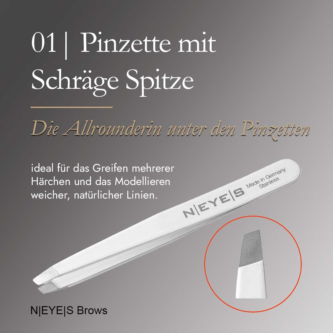 NEYES Profi-Augenbrauenpinzette mit abgeschrägter Spitze für optimalen Griff und schmerzarme Haarentfernung beim Brow-Styling.