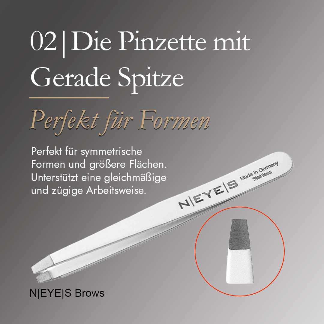 Professionelle NEYES Augenbrauen-Pinzette aus Edelstahl mit gerader Spitze zum präzisen Zupfen und Greifen dickerer Härchen.