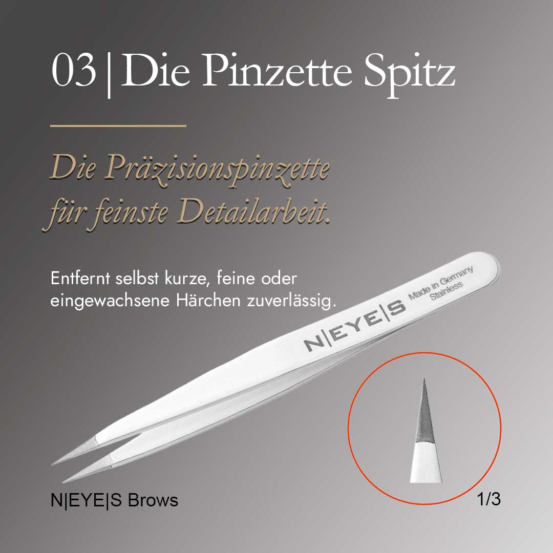 Professionelle NEYES Augenbrauen-Pinzette aus Edelstahl mit spitzer Spitze zum präzisen Greifen von feinsten und eingewachsenen Härchen.