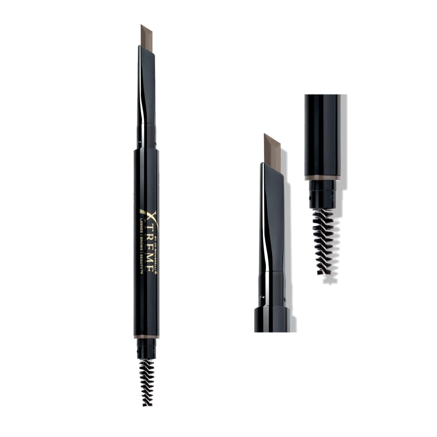 Augenbrauenstift Taupe geöffnet man sieht das Mascarabürstchen und den Anspitzer Xtreme Lashes
