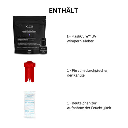 Flash-Cure-UV Wimpern Kleber Eine Auflistung in der Verpackung ist.Ene Flasche UV Kleber schwarz .Ein Pin zum öffnen der Klberflasche.Eine Salzbeutel zur Aufnahme der Feuchtigkeit.Xtreme Lashes
