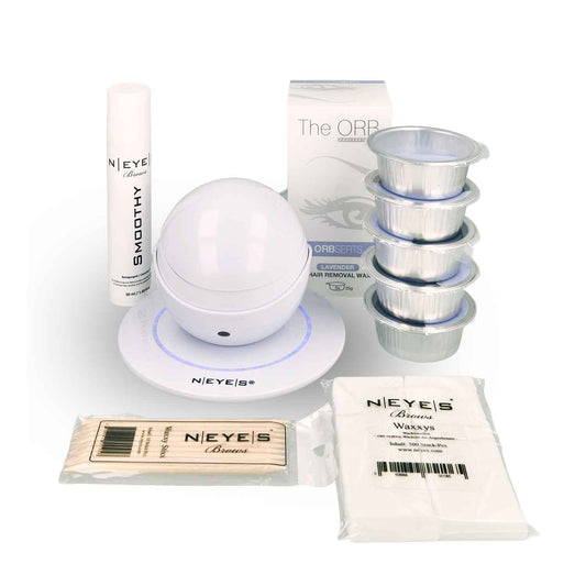 NEYES Brows Wachspaket mit Heating Ball Heißwachsgerät, Wachskapseln, Waxxys Streifen, Waxxy Stixx Rosenholzstäbchen und Smoothy Reinigungsöl für professionelles Augenbrauen-Waxing