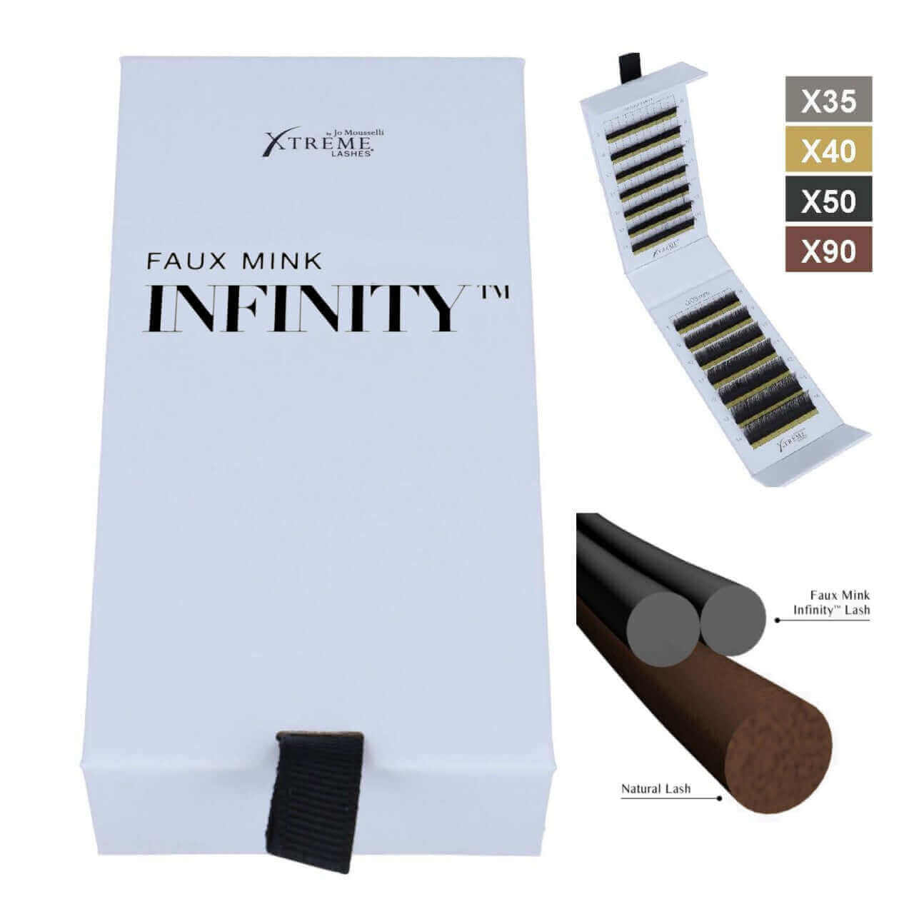 Faux Mink Infinity Leichte Wimpern in einer Wimpernbox geschlossen und geöffnet mit Angabe der 4  Curlungen die es gibt.