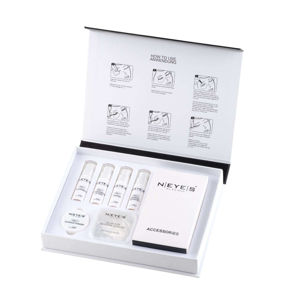 Korean Lash & Brow Lifting Starterbox mit Anleitung und allen Produkten die Du benötigst für die Anwendung im Studio.Neyes