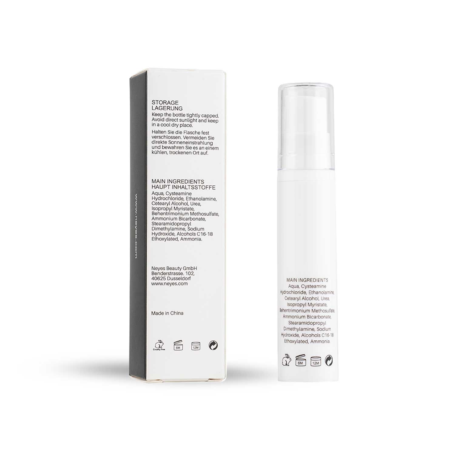 Nahaufnahme der Rückansicht einer 10ml Cysteamine Lifting Lotion Flasche mit der INCI-Liste und dem Haltbarkeitssymbol.