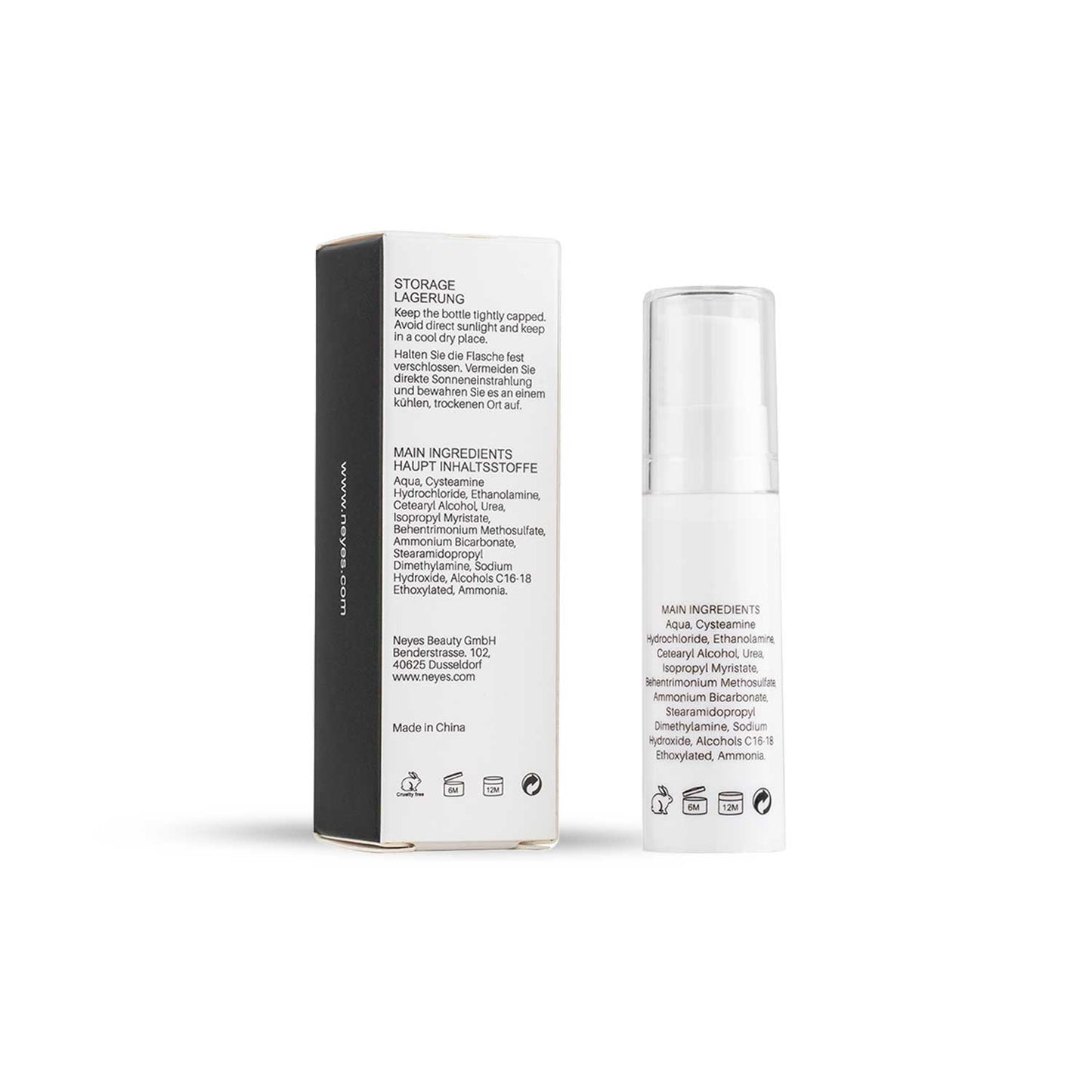 Rückseite der CYSTEAMINE LIFTING Lotion (5ml) mit Anwendungshinweisen und Produktangaben für Kosmetikstudios.