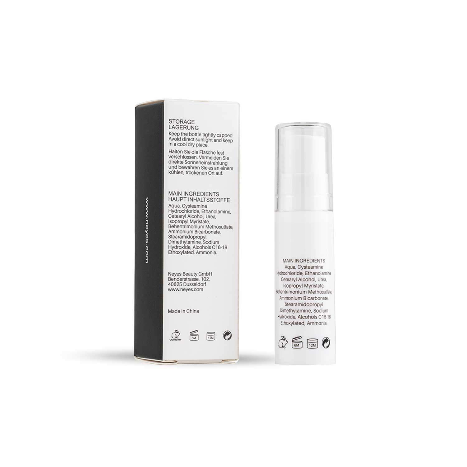 Rückseite der CYSTEAMINE LIFTING Lotion (5ml) mit Anwendungshinweisen und Produktangaben für Kosmetikstudios.