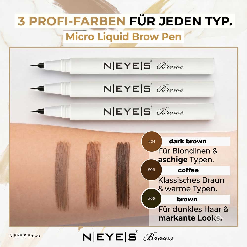 Die drei verfügbaren Farben des flüssigen Augenbrauenstifts Micro Liquid Brow Pen im Überblick von hell bis dunkel.