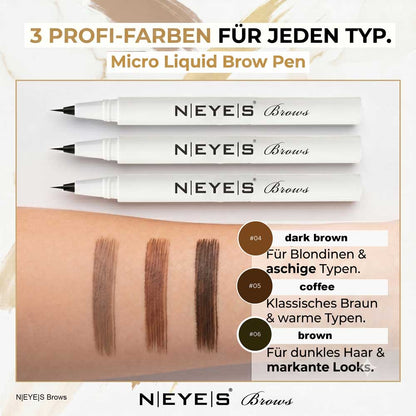 Die drei verfügbaren Farben des flüssigen Augenbrauenstifts Micro Liquid Brow Pen im Überblick von hell bis dunkel.