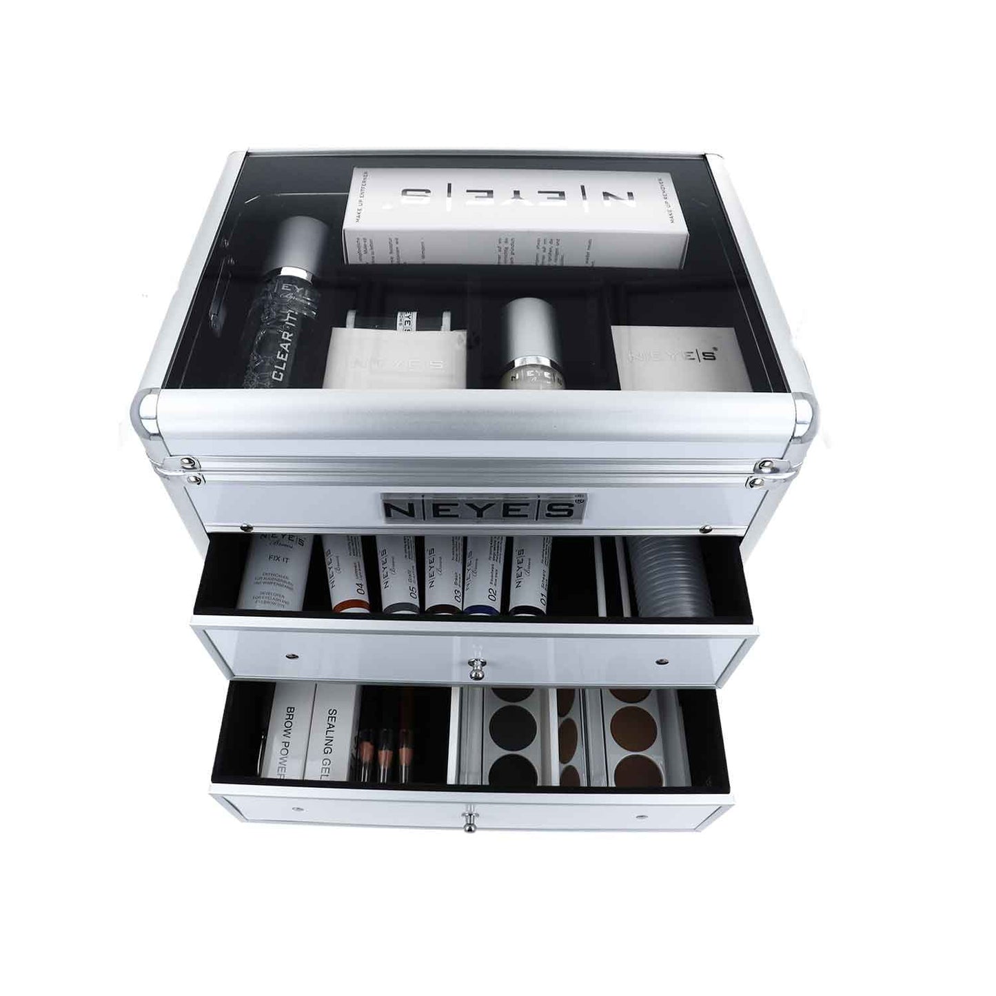 Starterkoffer Neyes Brows mit offeneen Schubladen und alles Produkten für den Start als Brow Profi