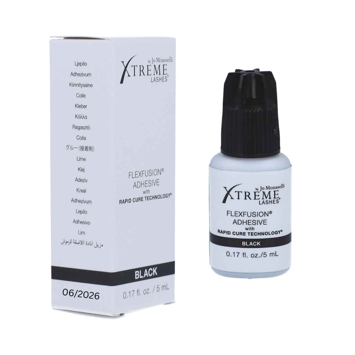 Sensitve Wimpern Kleber Flex Fusion Flasche mit Umverpackung auf der das Haltbarkeitsdatum steht