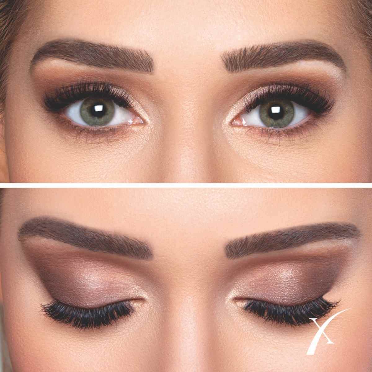 Gesciht mit offenen und geschlossenen AUgen perfekt mit Lidschattenstift geschminkt