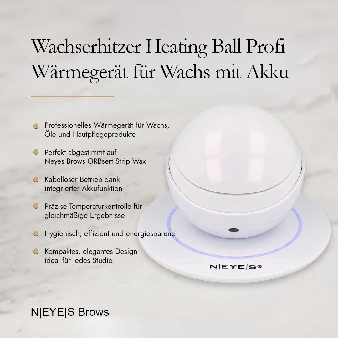 Kompakter, weißer NEYES Heating Ball Profi Wachserhitzer mit Akkubetrieb für das professionelle Augenbrauen-Waxing im Kosmetikstudio.