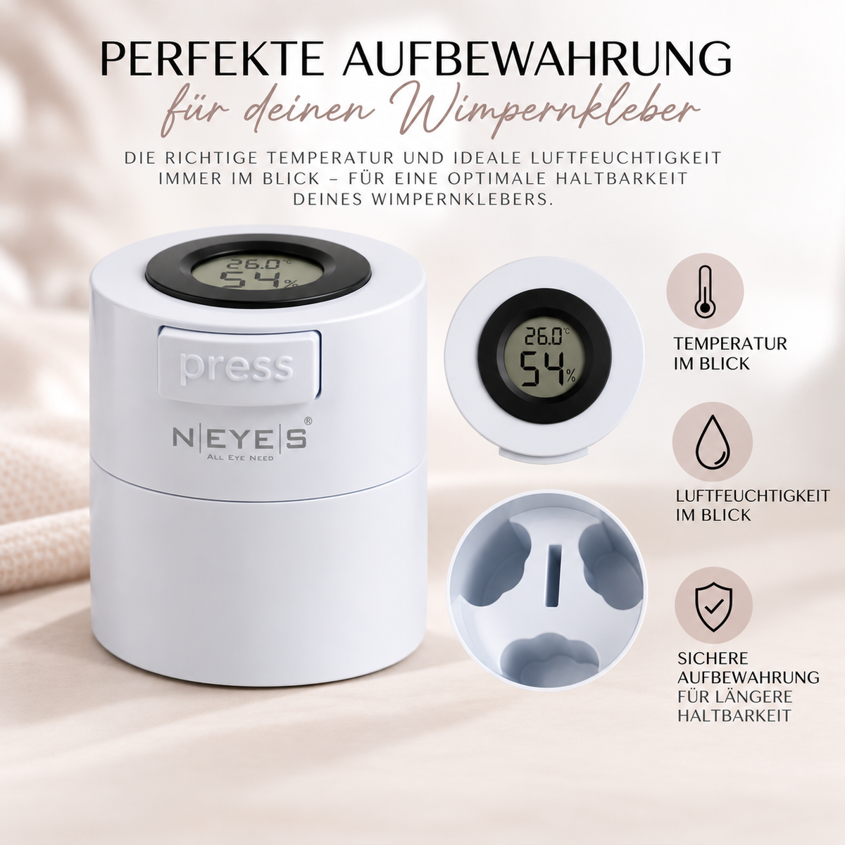 Wimpernkleber Aufbewahrung von NEYES – Temperatur und Luftfeuchtigkeit im Blick für eine optimale Lagerung