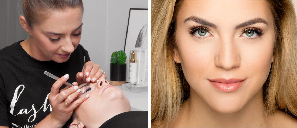 Wimpernverlängerung Produkte und Schulungen.Stylistin arbeite mit einer Pinzette am Auge und verlängert die Wimpern